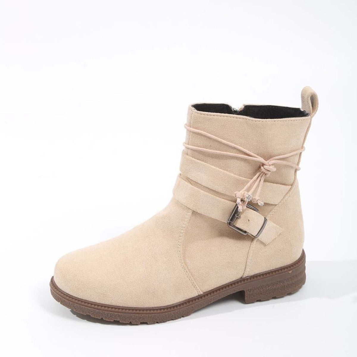 hopeusnice Women's Ankle Boots Suede Buckle Zipper Winter Booties Warm Flat Shoes Comfortable Low Heel Boots Beige 36