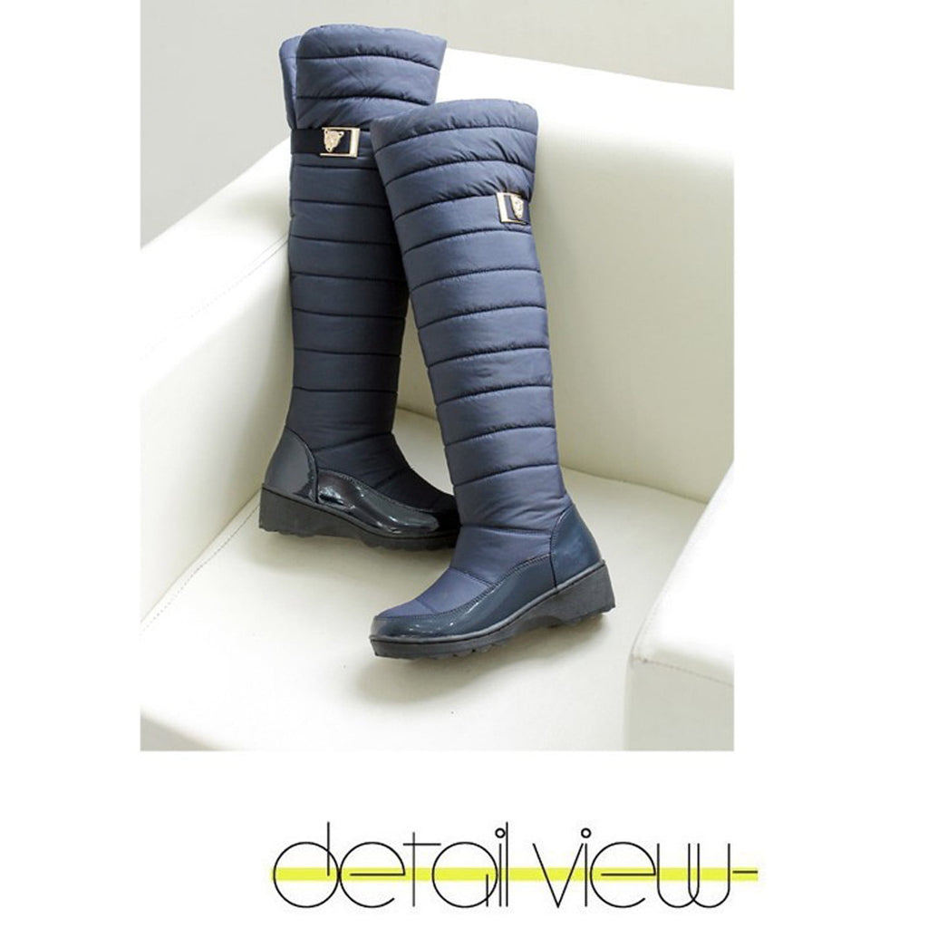 hopeusnice Women's Knee High Boots Winter Warm Snow Boots Padded Quilted Waterproof Boots Buckle Decor Comfortable Shoes Blue 40