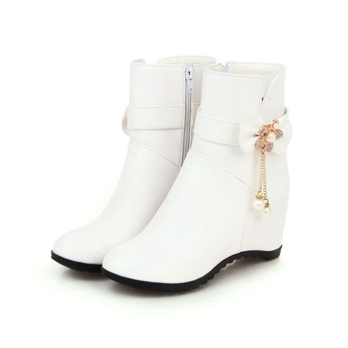 Women's Ankle Boots Wedge Heel Zipper Closure Bowknot Decor Faux Leather Booties Short Boots Comfortable Wedge Heel Shoes Pink 40