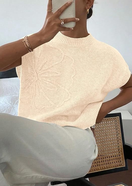 PRETTYGARDEN Women's Spring Sweater Vest Trendy Flower Knit Short Sleeve Cute Pullover Tank Tops Summer Fashion Clothing