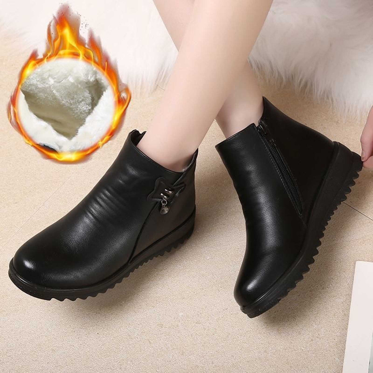 Women's Winter Boots Fuzzy Fleece Lined Ankle Booties Warm Plush Zipper Shoes Wedge Heel Comfortable Non-Slip Snow Boots Black 35