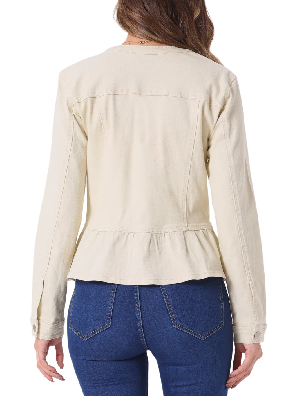 INSPIRE CHIC Women's Denim Jackets Button Down Peplum Hem Long Sleeves Cropped Jean Jackets White L