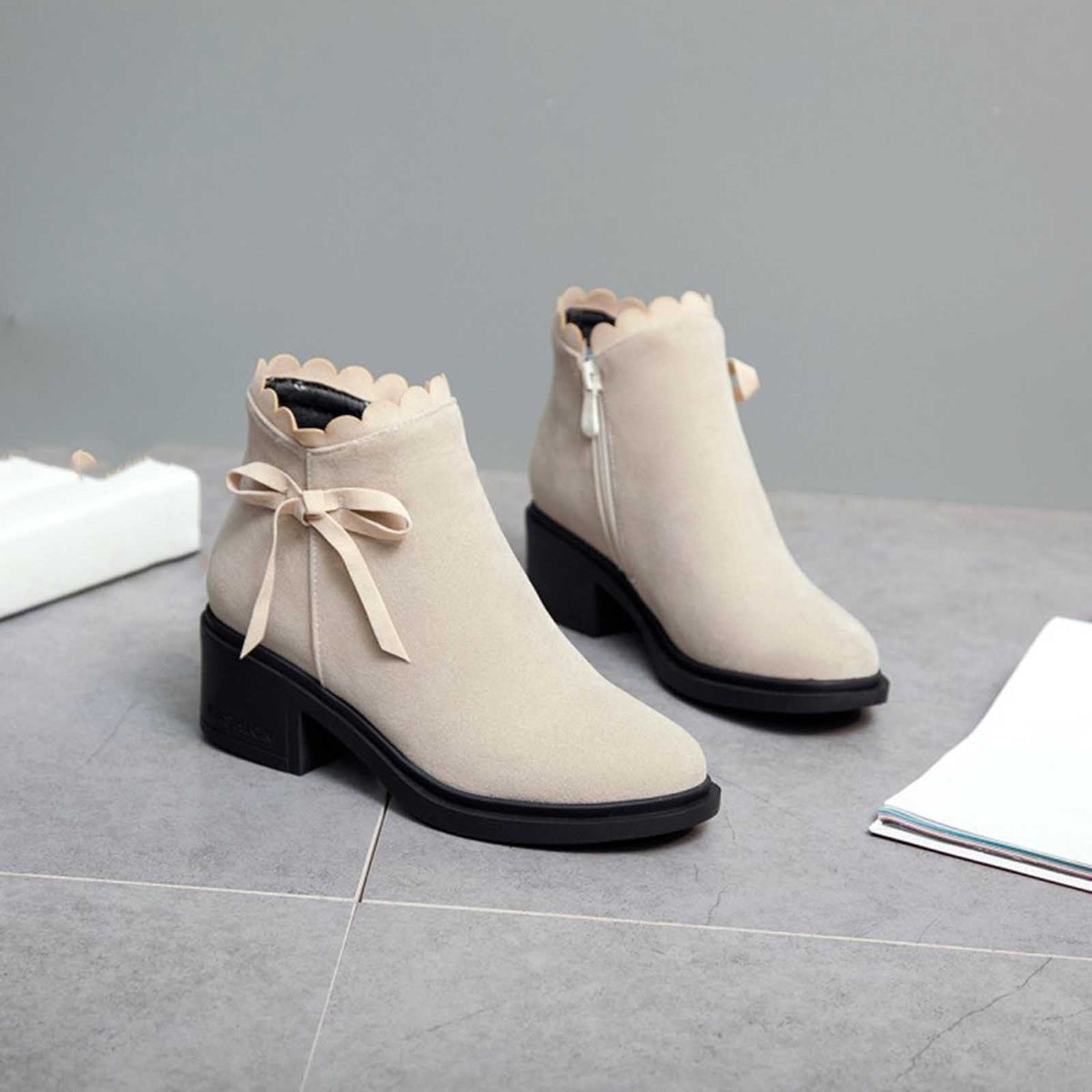 hopeusnice Women's Ankle Boots Suede Bowknot Block Heel Booties Round Toe Zipper Back Short Boots Winter Warm Comfortable Shoes Red 35