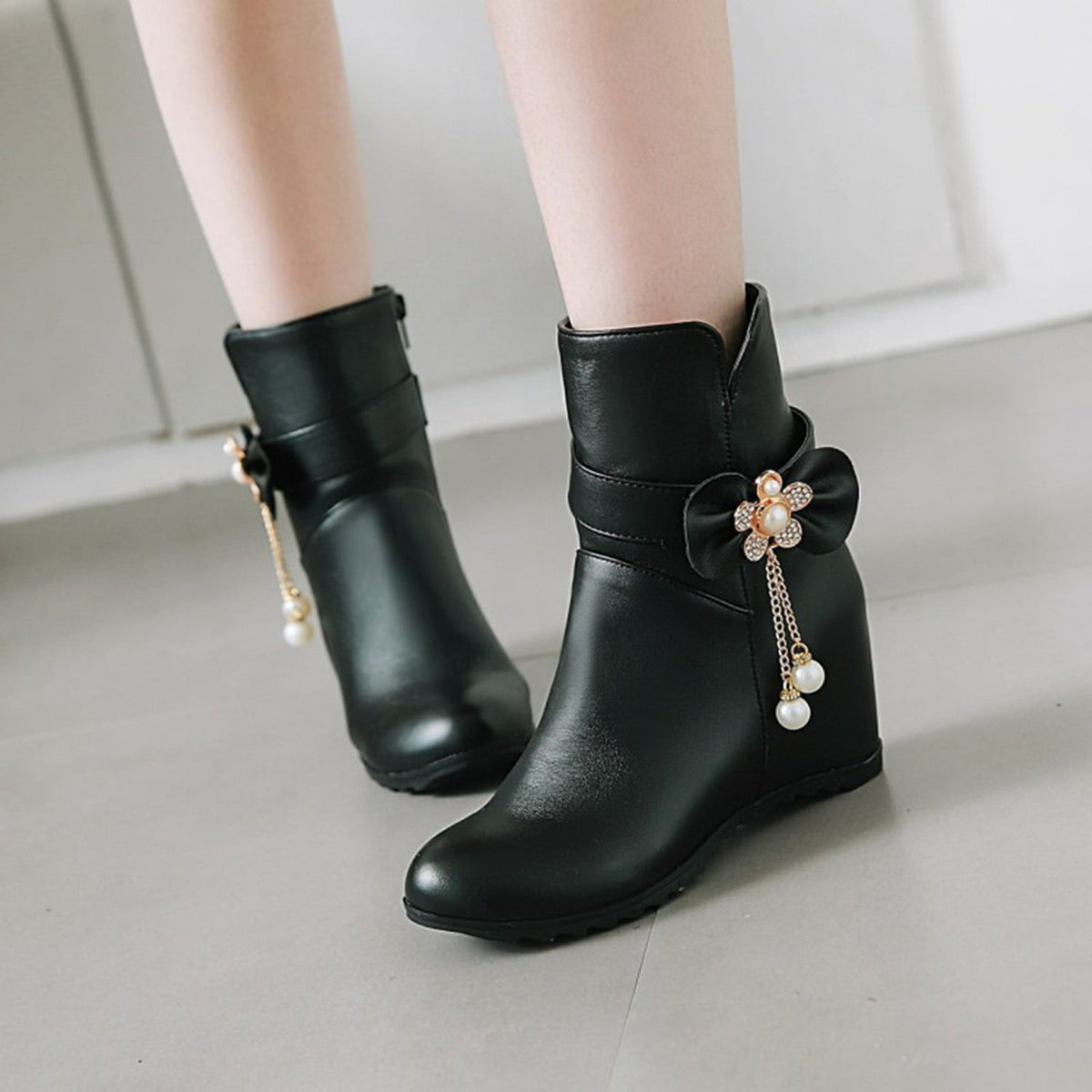 Women's Ankle Boots Wedge Heel Zipper Closure Bowknot Decor Faux Leather Booties Short Boots Comfortable Wedge Heel Shoes Pink 40