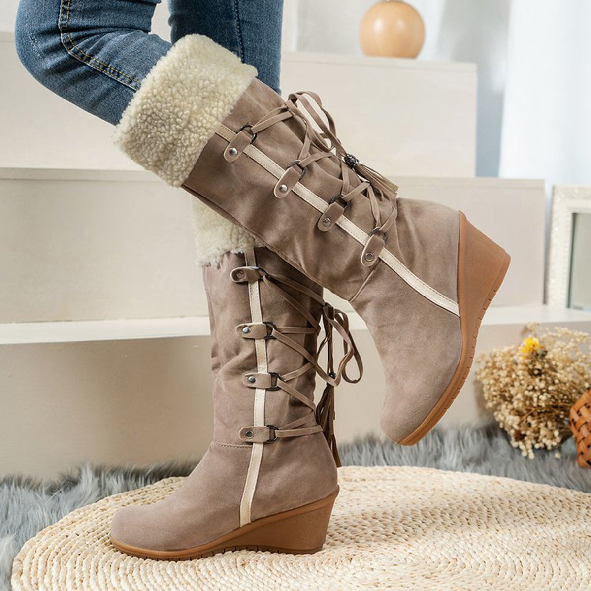 Women's Fashion Suede Wedge Boots Winter Warm Knee High Boots Buckle Tassel Side Zipper Booties Brown 35