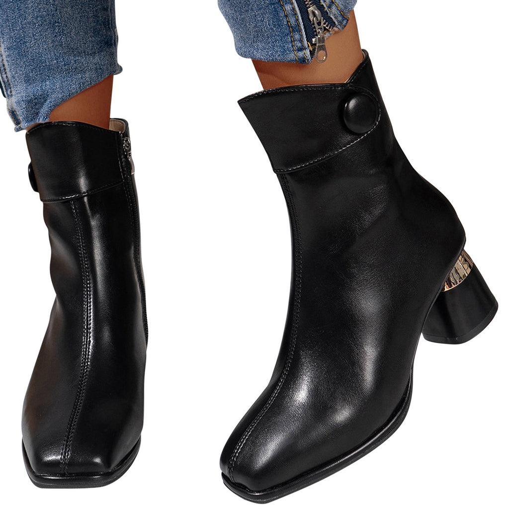 hopeusnice Women's Ankle Boots Square Toe Block Heel Leather Zipper Buckle Chunky Heel Fall Winter Fashion Comfortable Black 42