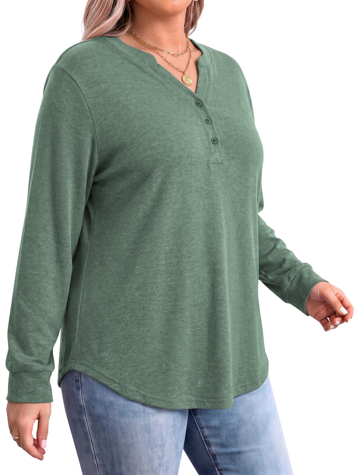 WellSize Plus Size Blouses for Women Henley V Neck Tops Casual Long Sleeve Button Shirts Fall Pullover Outfit