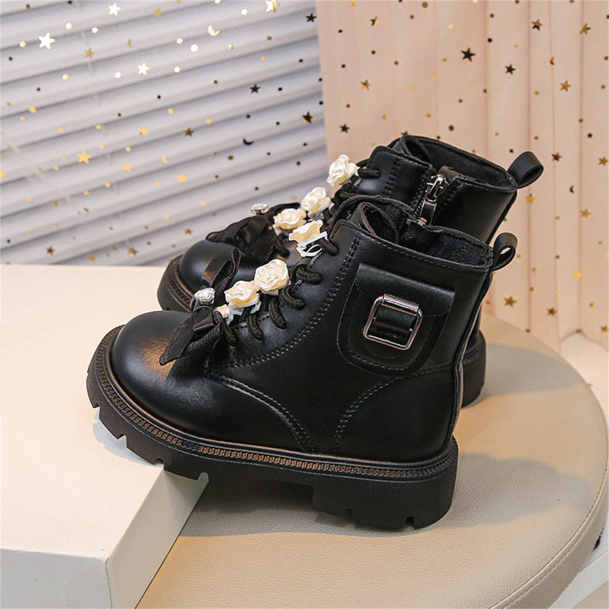 BXJX Girls Ankle Boots with Zipper, Bow Fall Winter Soft Sole Slip-Resistant Lace Up Boots Beige Size 13.5 Little Kids