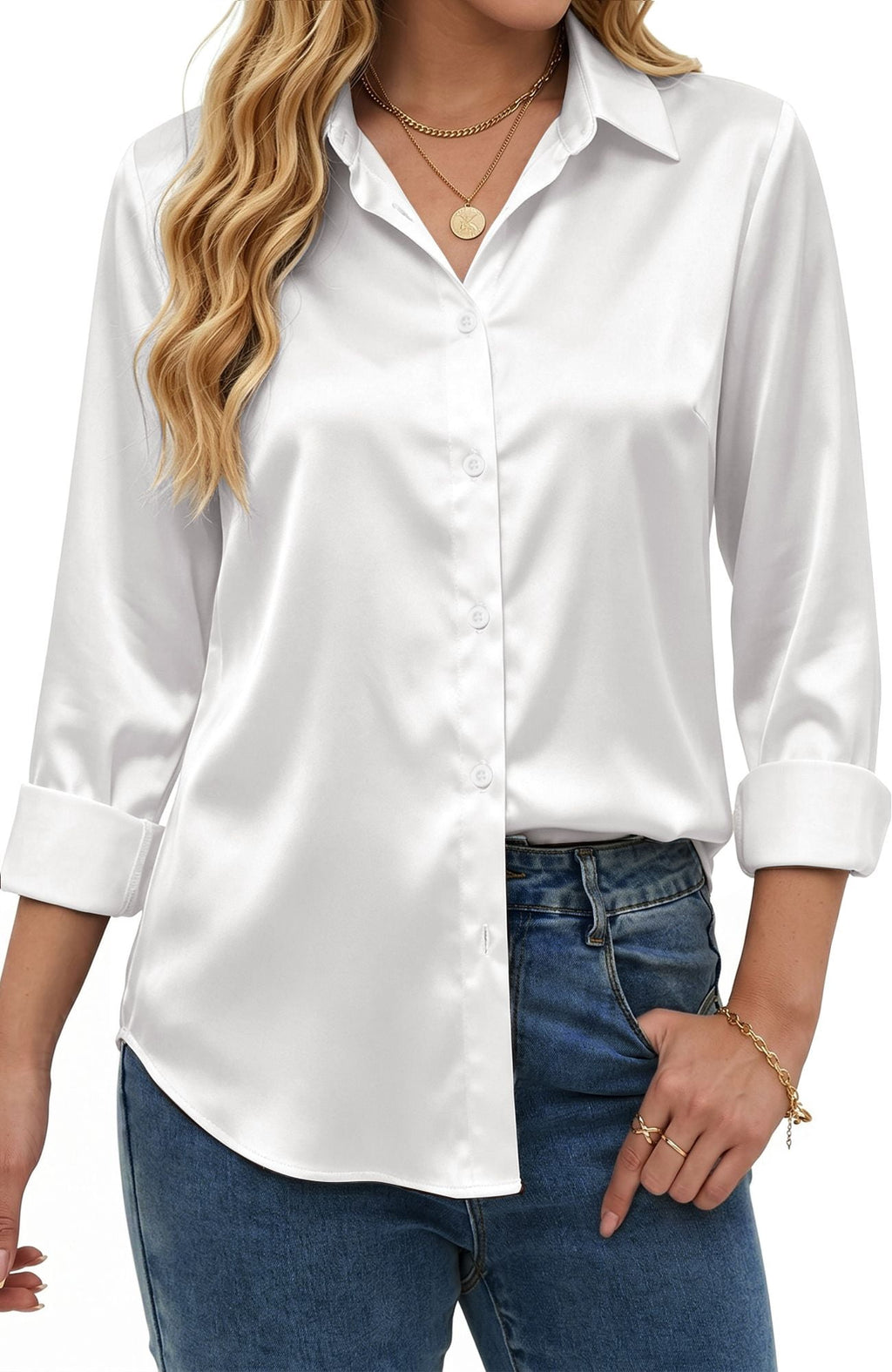 UVN Blouses for Women Long Sleeve Satin Shirts Button Down Ladies Casual Top