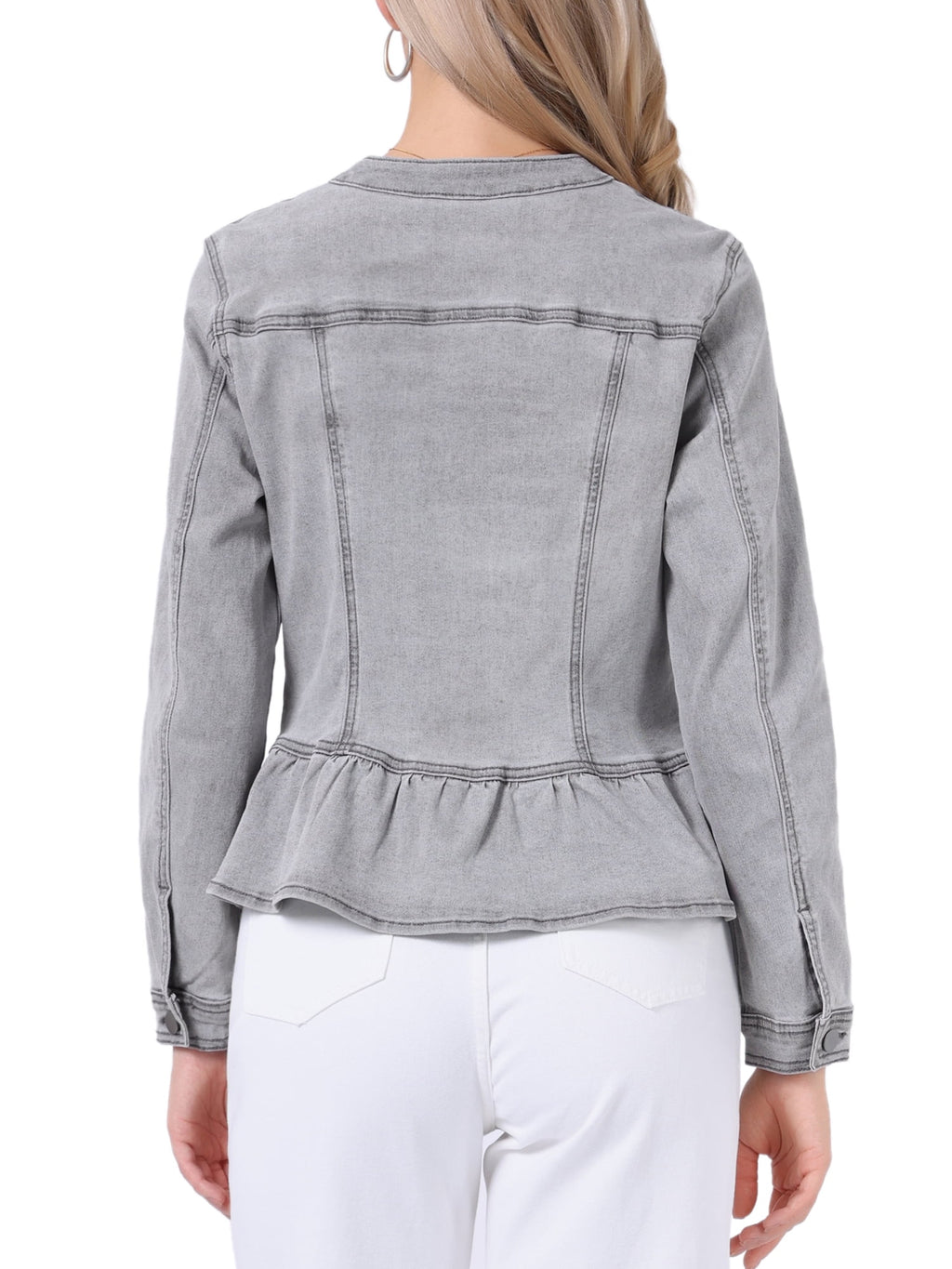 INSPIRE CHIC Women's Denim Jackets Button Down Peplum Hem Long Sleeves Cropped Jean Jackets White L