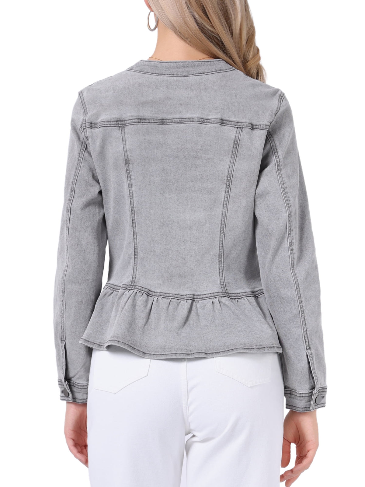 INSPIRE CHIC Women's Denim Jackets Button Down Peplum Hem Long Sleeves Cropped Jean Jackets White L
