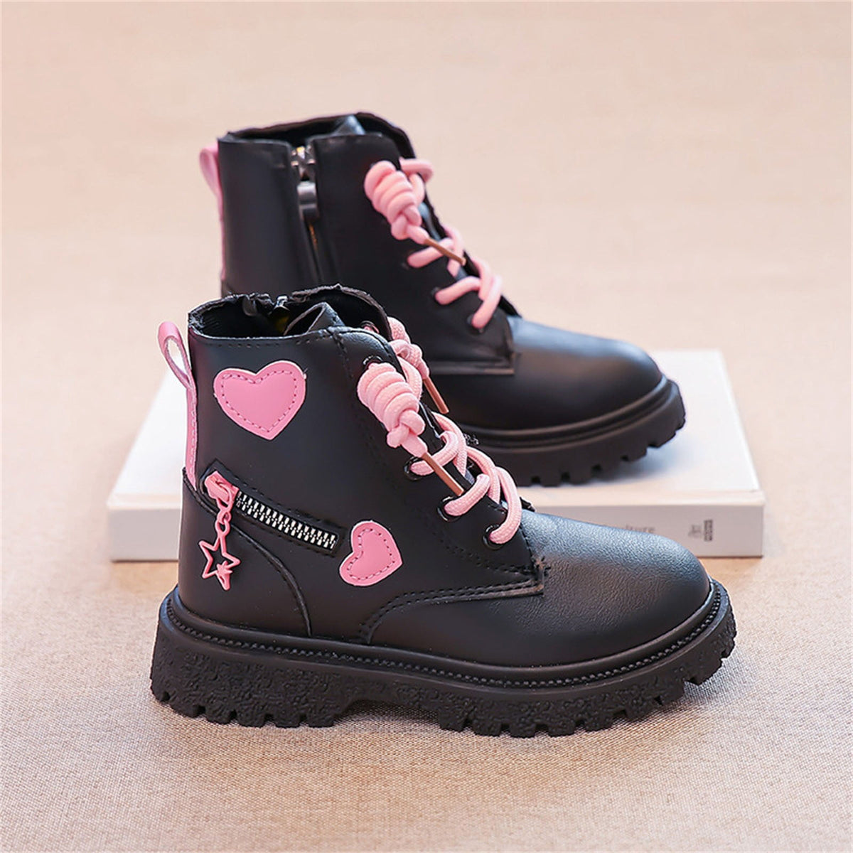 BXJX Girls Ankle Boots with Zipper, Non-Slip Soft Sole Fall Winter Cute Lace Up Boots Pink Size 12.5 Little Kids