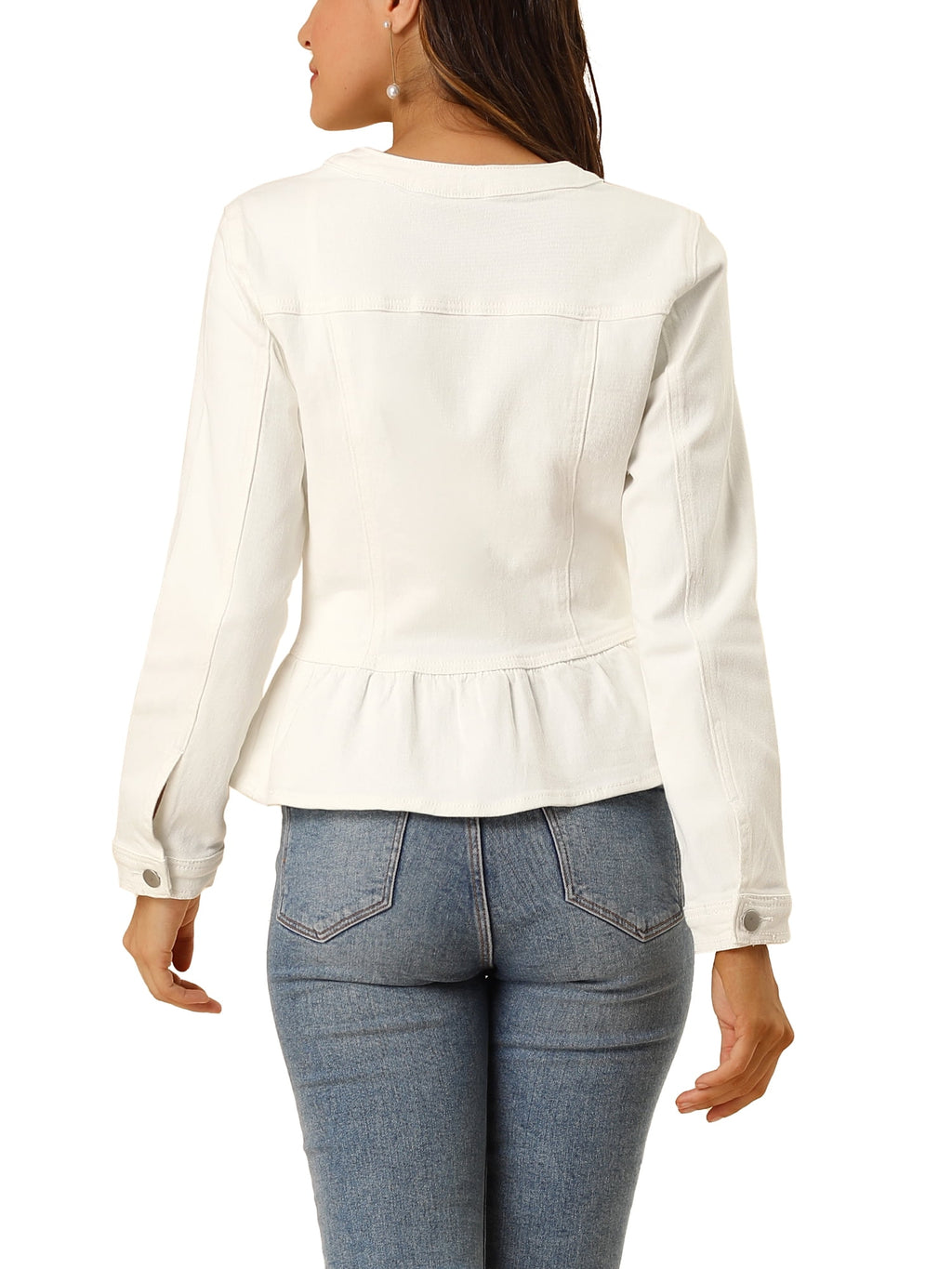 INSPIRE CHIC Women's Denim Jackets Button Down Peplum Hem Long Sleeves Cropped Jean Jackets White L