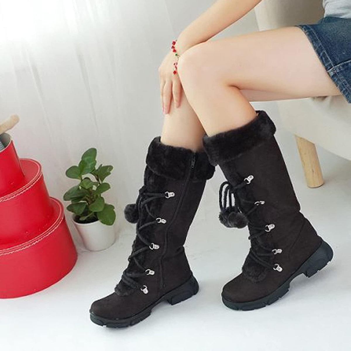 hopeusnice Women's Winter Boots Fuzzy Fleece Lined Knee High Snow Boots Warm Plush Lace Up Outdoor Ankle Boots Beige 36