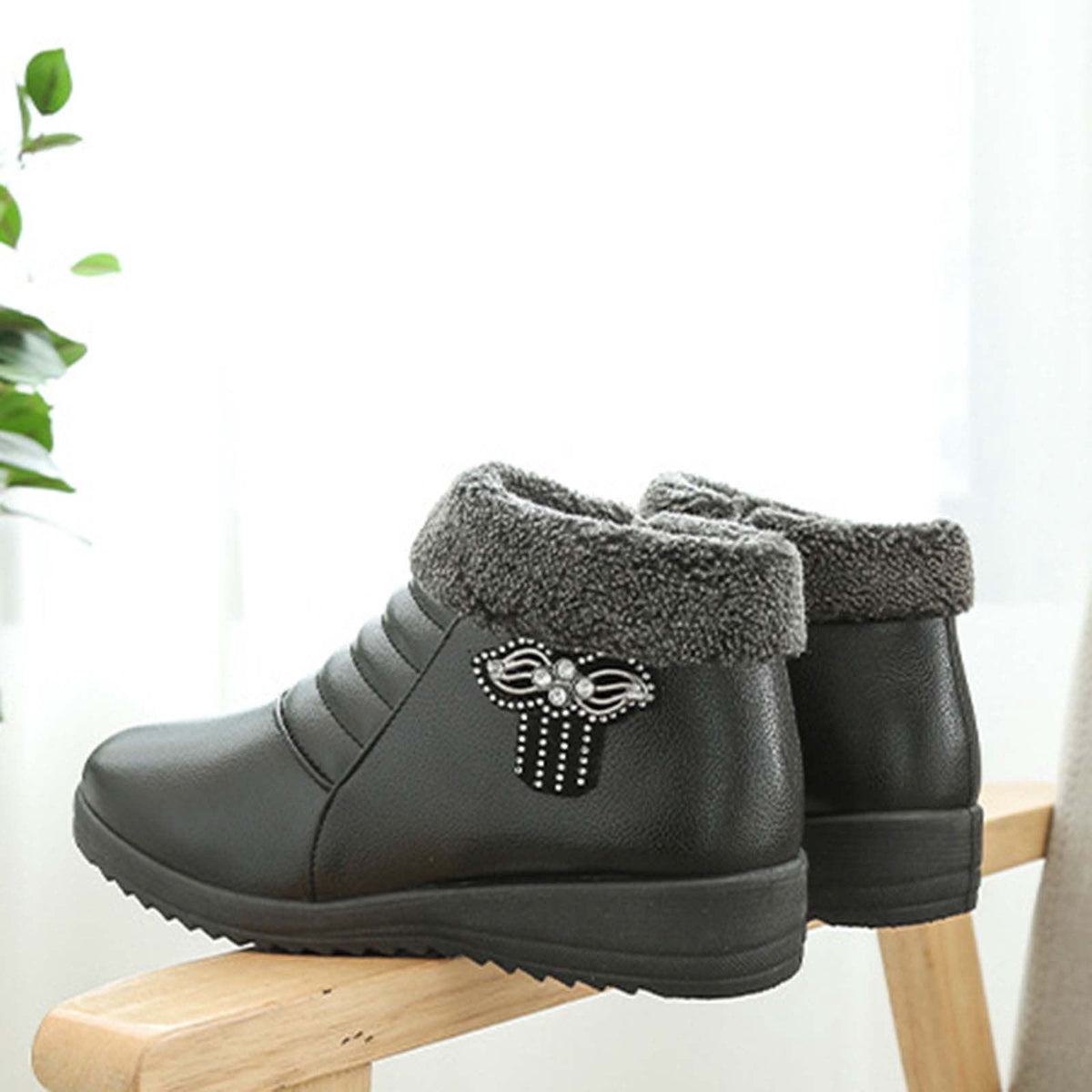 hopeusnice Women's Winter Boots Fuzzy Fleece Lined Warm Ankle Booties Slip On Plush Comfortable Non Slip Wedge Heel Shoes Wine 37