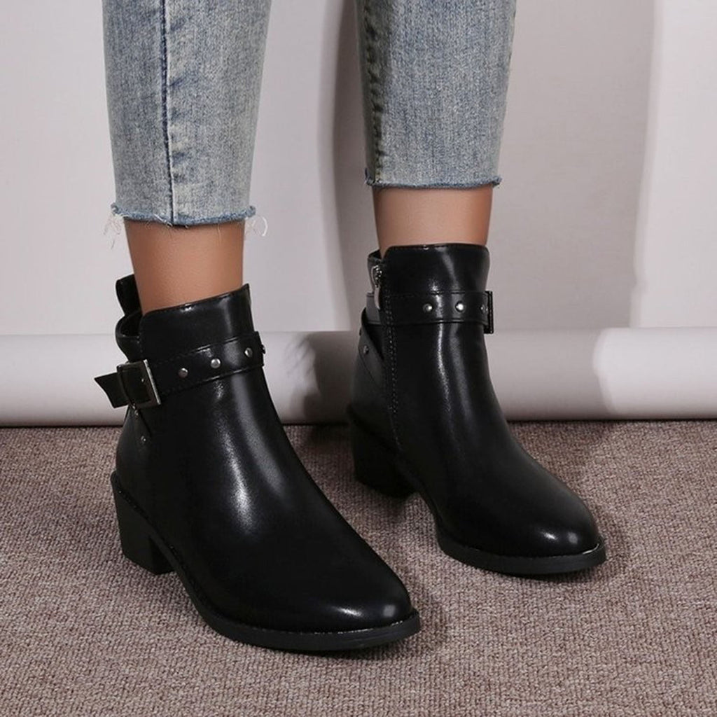 hopeusnice Women's Ankle Boots Buckle Low Heel Pointed Toe Faux Leather Short Boots Block Heel Zipper Comfortable Shoes Brown 39