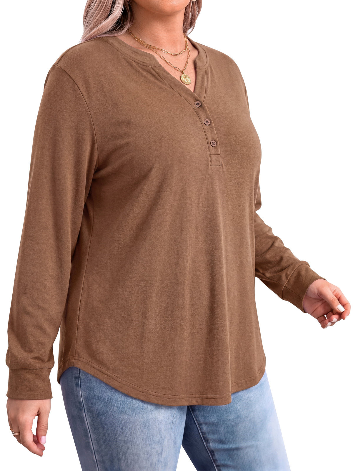 WellSize Plus Size Blouses for Women Henley V Neck Tops Casual Long Sleeve Button Shirts Fall Pullover Outfit