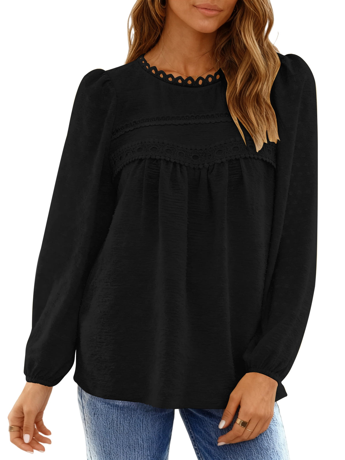 UVN Fall Shirts for Women Long Sleeve Blouses Ladies Crewneck Lace Crochet Tops Dressy Chiffon Blouses