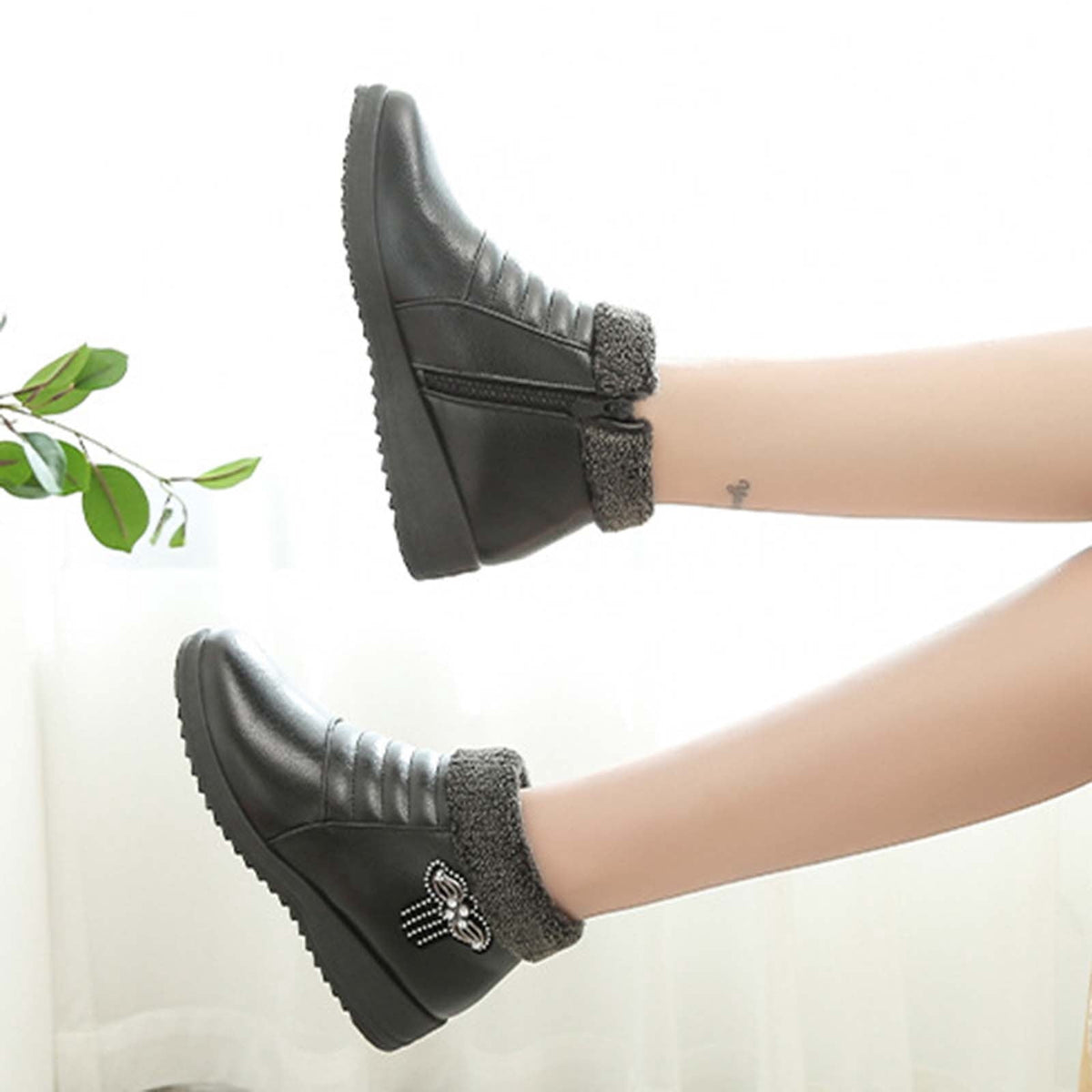 hopeusnice Women's Winter Boots Fuzzy Fleece Lined Warm Ankle Booties Slip On Plush Comfortable Non Slip Wedge Heel Shoes Wine 37