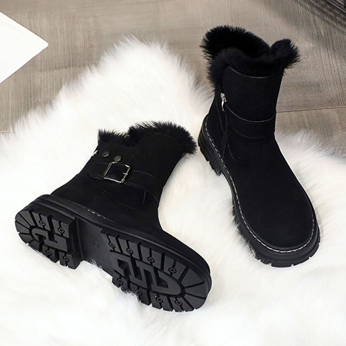 hopeusnice Women's Winter Boots Suede Buckle Ankle Booties Fuzzy Fleece Lined Warm Shoes Snow Boots Black 35