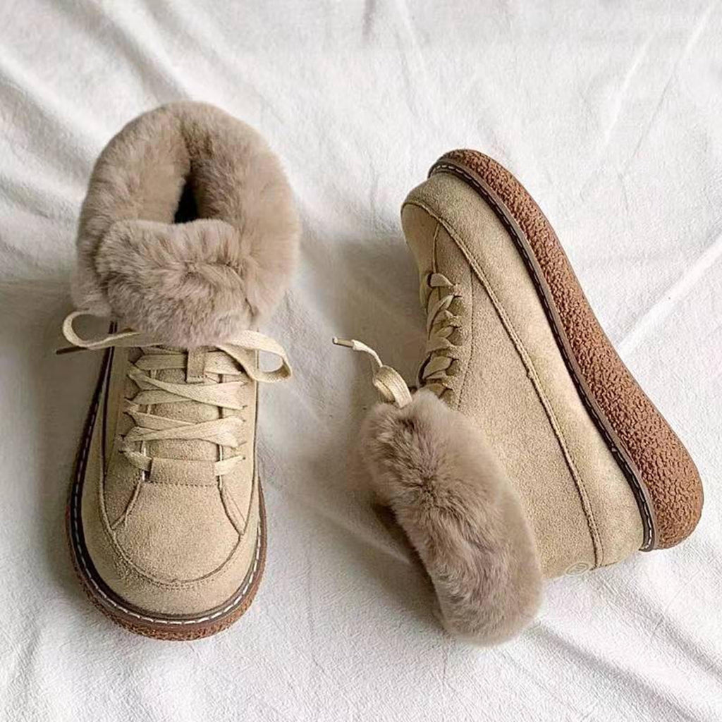 hopeusnice Women's Winter Snow Boots Fuzzy Fleece Lined Warm Ankle Booties Suede Shoes Lace Up Flats Comfortable Waterproof Shoes Black 38