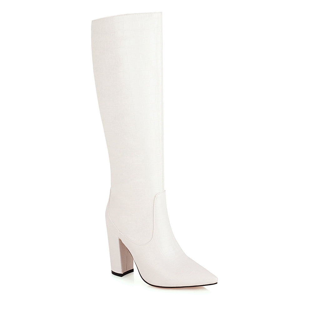 hopeusnice Women's Knee High Boots Pointed Toe Block Heel Over The Knee Boots Faux Leather Chunky Heel Dress Boots Elegant Fall Winter Shoes Yellow 45