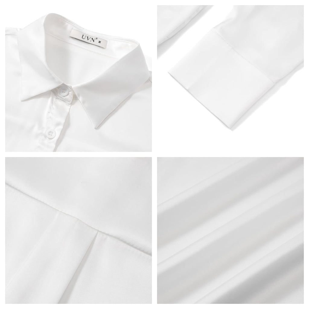 UVN Blouses for Women Long Sleeve Satin Shirts Button Down Ladies Casual Top