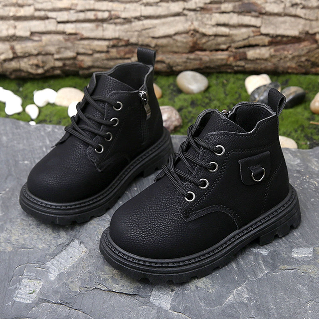 Mwjwdo Girls Leather Boots Short Winter Casual Fashion Artificial Leather Comfortable Sole Little Kids Shoes for Daily Wear Black 1-1.5Years