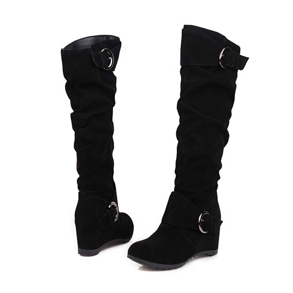 hopeusnice Women's Over The Knee Boots Suede Buckle Wedge Heel Winter Warm Boots Fashion Slouchy Boots Knee High Boots Brown 35