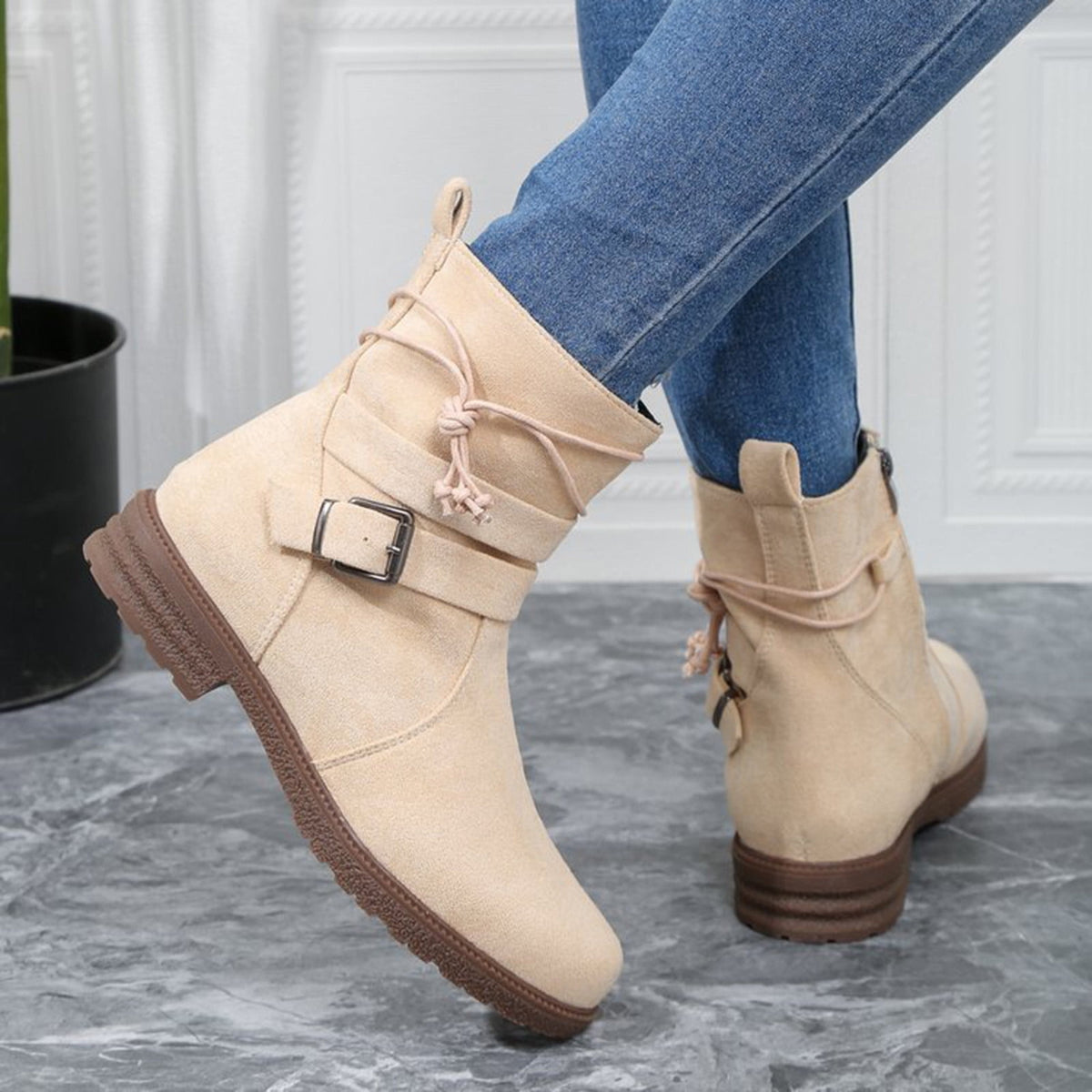 hopeusnice Women's Ankle Boots Suede Buckle Zipper Winter Booties Warm Flat Shoes Comfortable Low Heel Boots Beige 36