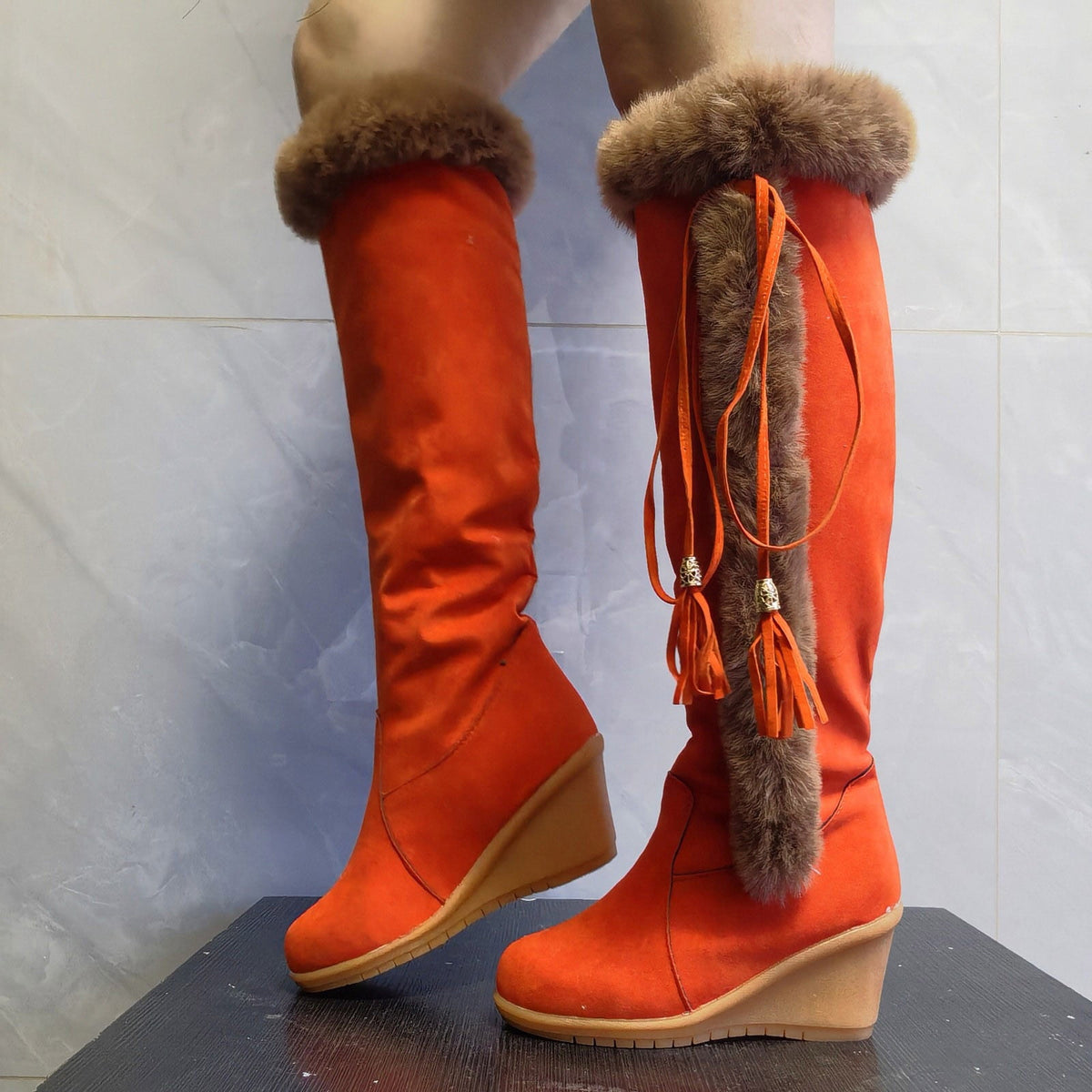 Women's Winter Boots Fuzzy Fleece Lined Wedge Heel Knee High Booties Tassel Buckle Closure Warm Snow Boots Comfortable Fashion Footwear Black 35