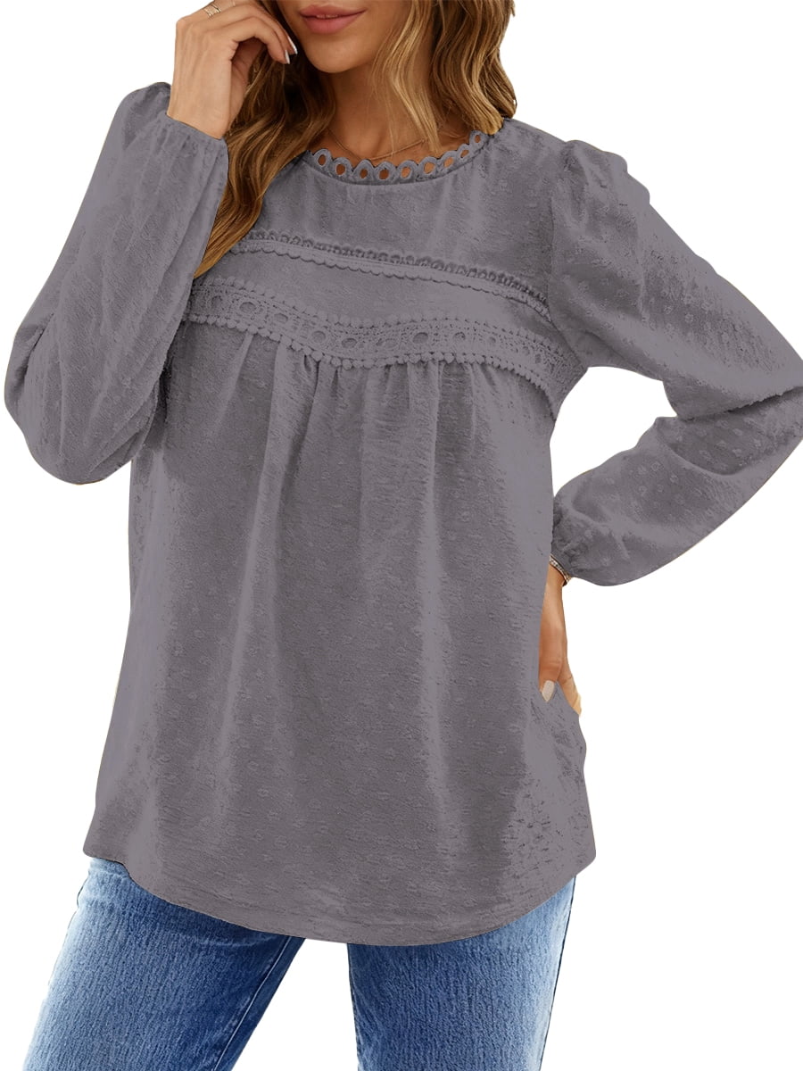 UVN Fall Shirts for Women Long Sleeve Blouses Ladies Crewneck Lace Crochet Tops Dressy Chiffon Blouses