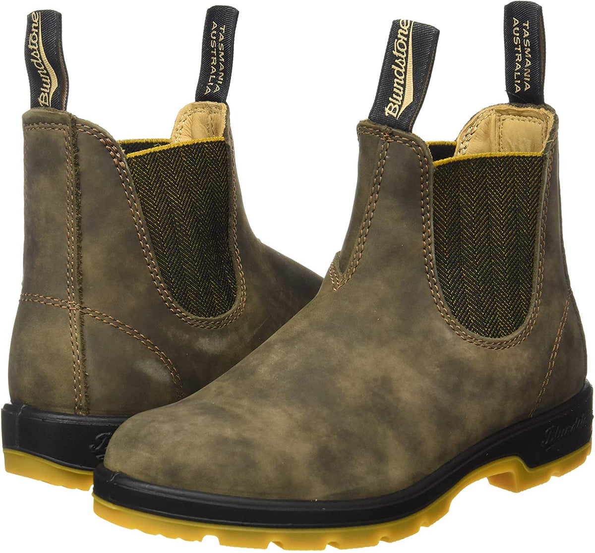 Blundstone 1944 Unisex Classic Series Chelsea Boot for Men and Women with Shock Absorption and Premium Water Resistant Leather, Rustic Brown/Mustard Black, 10.5 US Men / 12.5 US Women / 9.5 AU