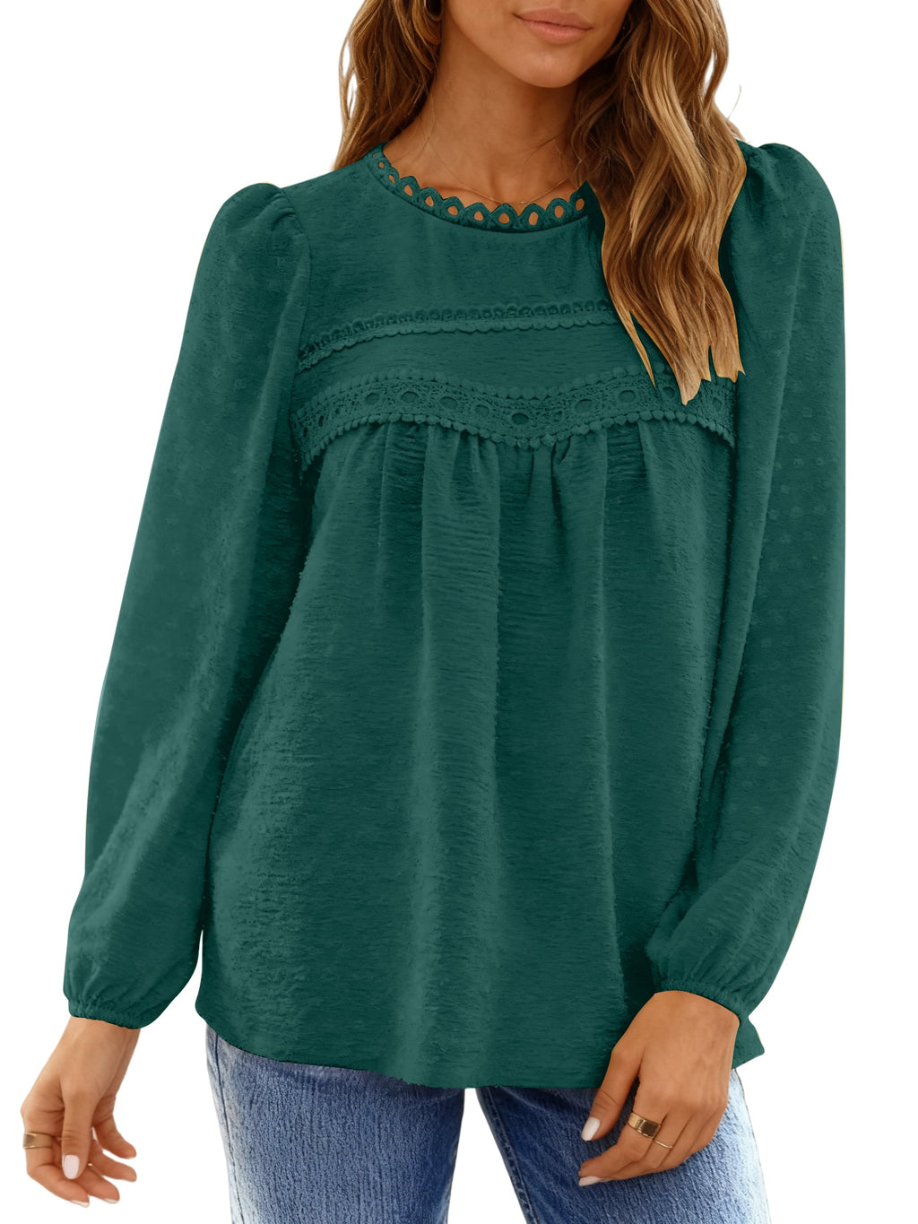 UVN Fall Shirts for Women Long Sleeve Blouses Ladies Crewneck Lace Crochet Tops Dressy Chiffon Blouses