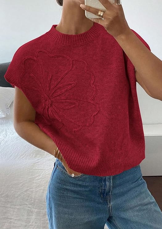 PRETTYGARDEN Women's Spring Sweater Vest Trendy Flower Knit Short Sleeve Cute Pullover Tank Tops Summer Fashion Clothing