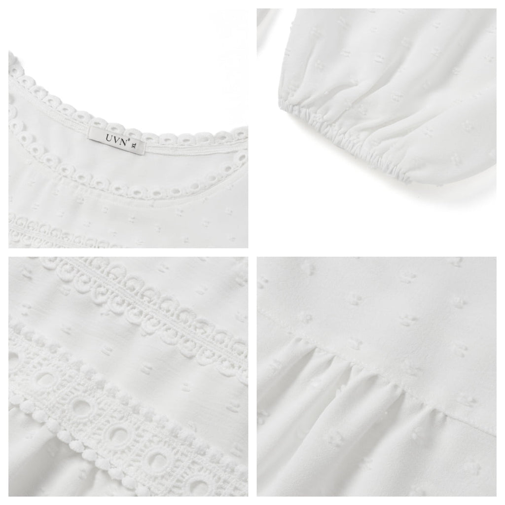 UVN Fall Shirts for Women Long Sleeve Blouses Ladies Crewneck Lace Crochet Tops Dressy Chiffon Blouses
