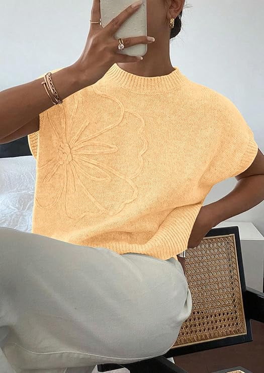 PRETTYGARDEN Women's Spring Sweater Vest Trendy Flower Knit Short Sleeve Cute Pullover Tank Tops Summer Fashion Clothing