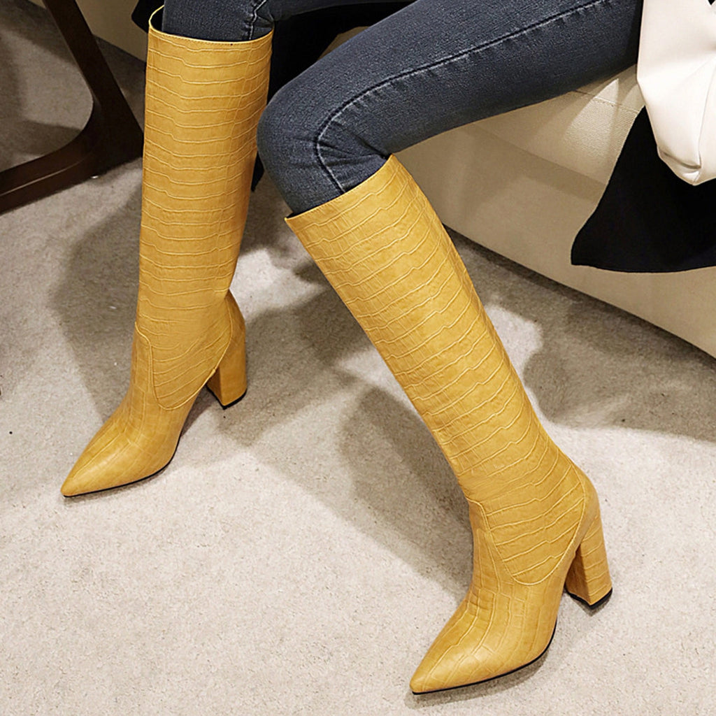 Women's Knee High Boots Pointed Toe Chunky Heel Leather Boots Fall Winter Warm Comfortable Fashion Boots Yellow 44