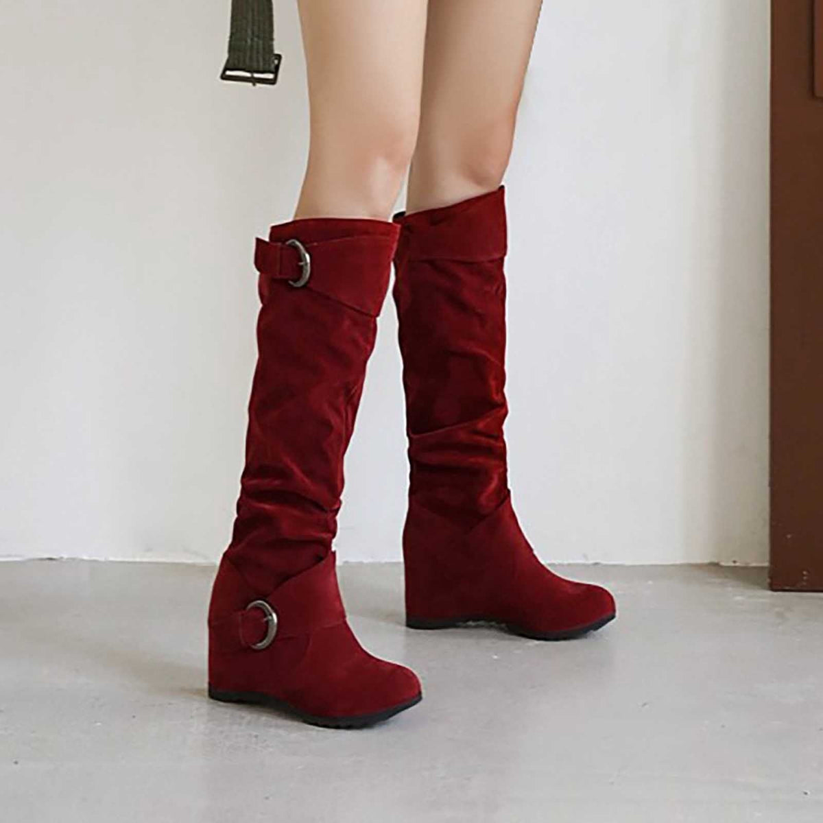 hopeusnice Women's Over The Knee Boots Suede Buckle Wedge Heel Winter Warm Boots Fashion Slouchy Boots Knee High Boots Brown 35