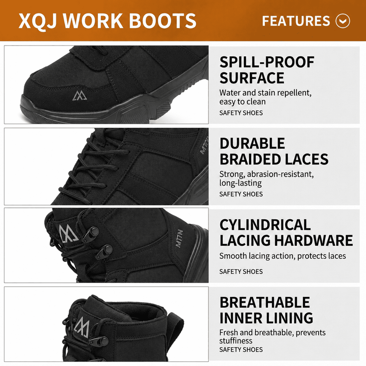 XQJ Men's Steel Toe Work Boots, Comfortable Lightweight Industrial Construction Shoes, Durable High Top Safety Boots - Black - Size 6