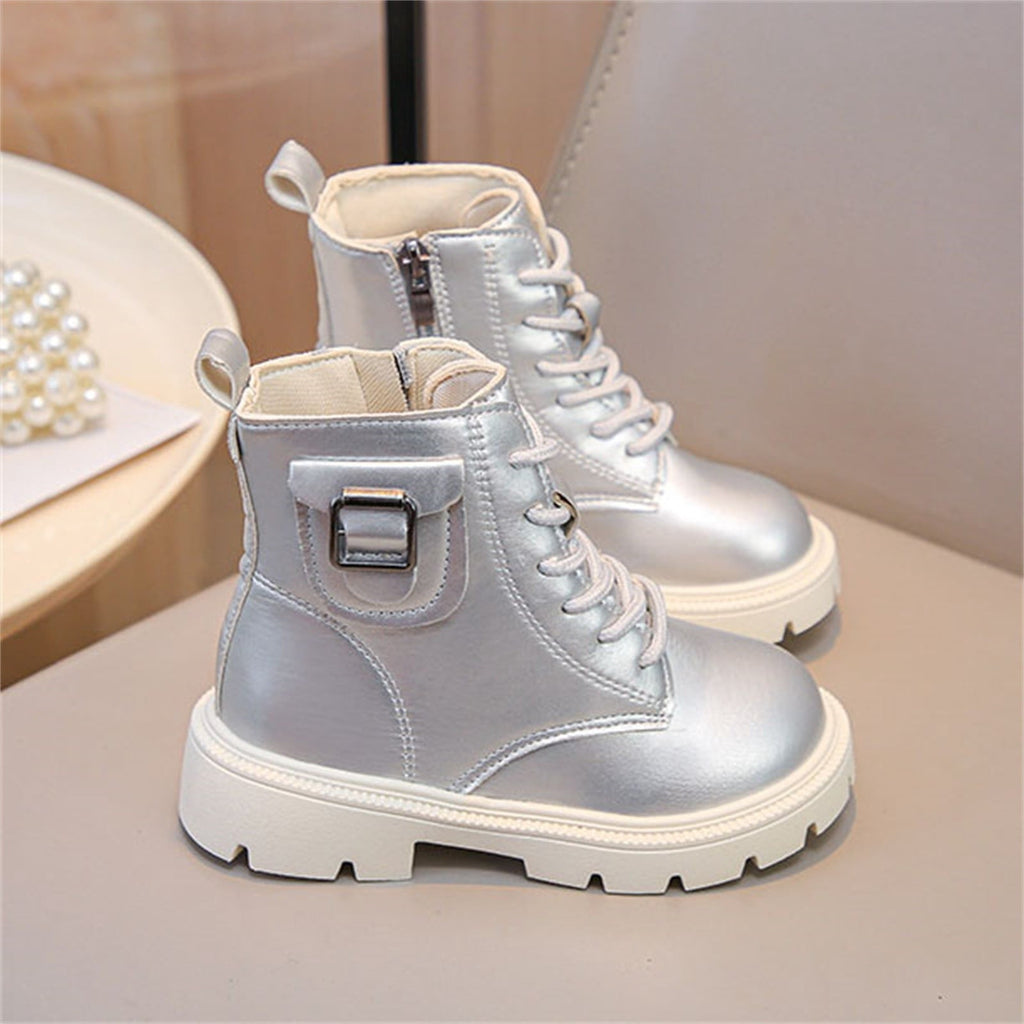 BXJX Girls Ankle Boots with Zipper, Outdoor Fall Winter Soft Sole Non-Slip Lace Up Boots Silver Size 12.5 Little Kids