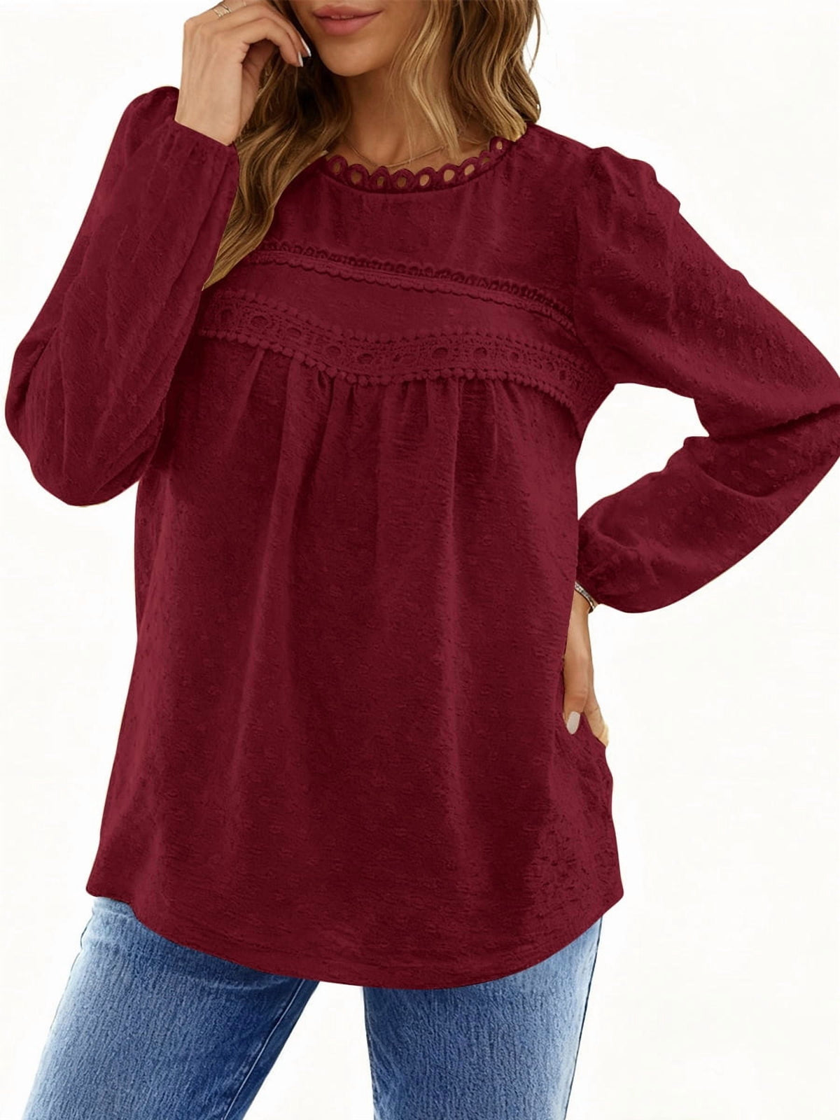 UVN Fall Shirts for Women Long Sleeve Blouses Ladies Crewneck Lace Crochet Tops Dressy Chiffon Blouses