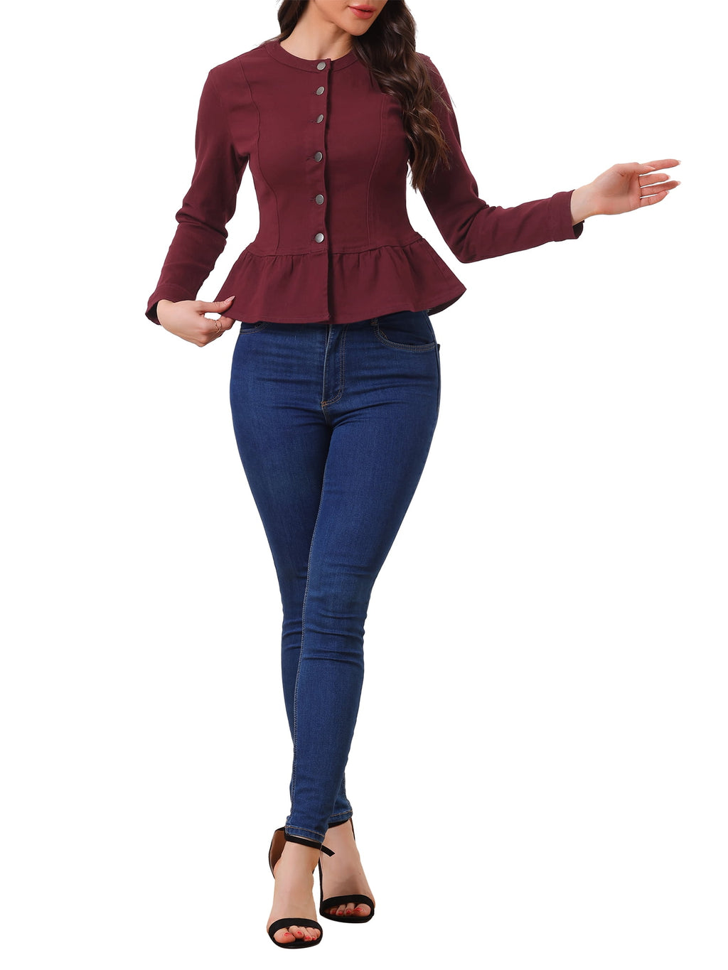 INSPIRE CHIC Women's Denim Jackets Button Down Peplum Hem Long Sleeves Cropped Jean Jackets White L