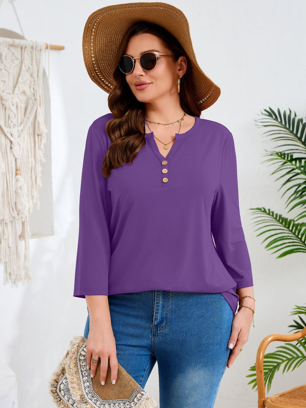 SHOWMALL Plus Size Tops for Women, 3/4 Sleeve Button V Neck Casual Tunic Blouse, Green, Size 4X