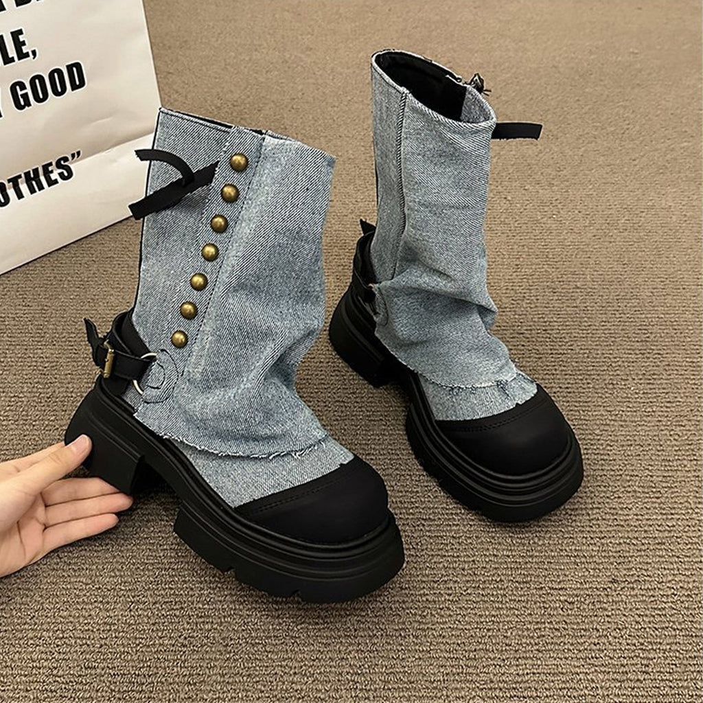 Hvyesh Fold Over Denim Boots for Women Sole Chunky Thick Soled Heel Booties Goth Punk Combat Zipper Mid Calf Booties Round Toe Dress Shoes,Boots for Women