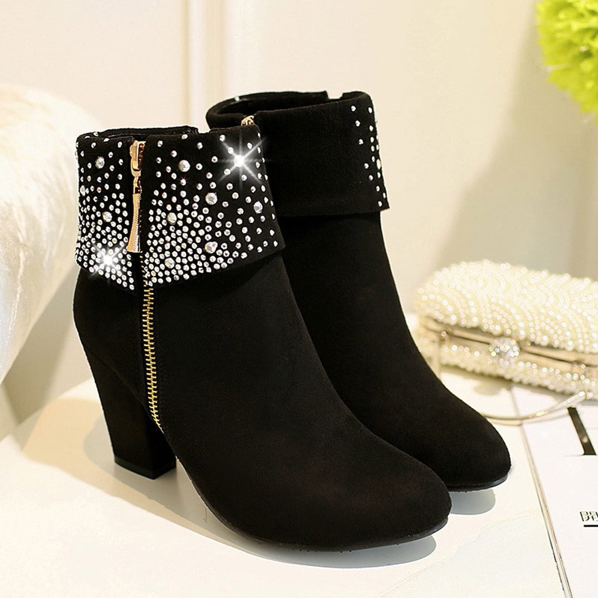 hopeusnice Women's Rhinestone Ankle Boots Zipper Suede Block Heel Booties Comfortable Dressy Winter Warm Shoes Black 36