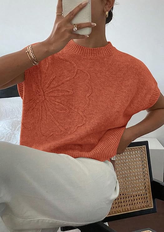 PRETTYGARDEN Women's Spring Sweater Vest Trendy Flower Knit Short Sleeve Cute Pullover Tank Tops Summer Fashion Clothing