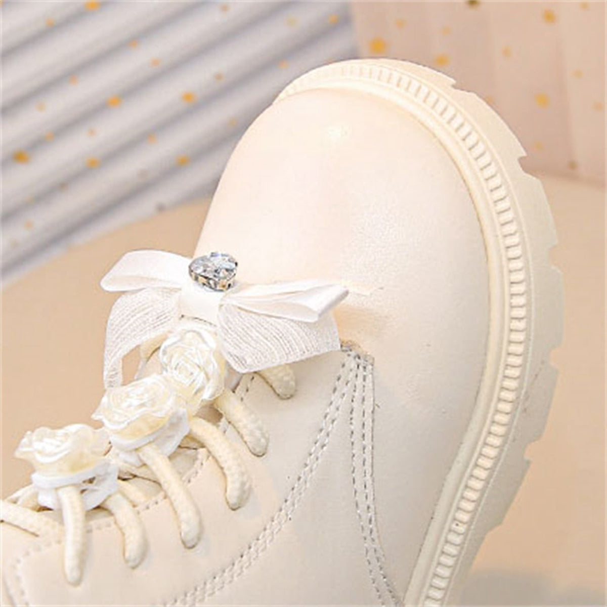 BXJX Girls Ankle Boots with Zipper, Bow Fall Winter Soft Sole Slip-Resistant Lace Up Boots Beige Size 13.5 Little Kids