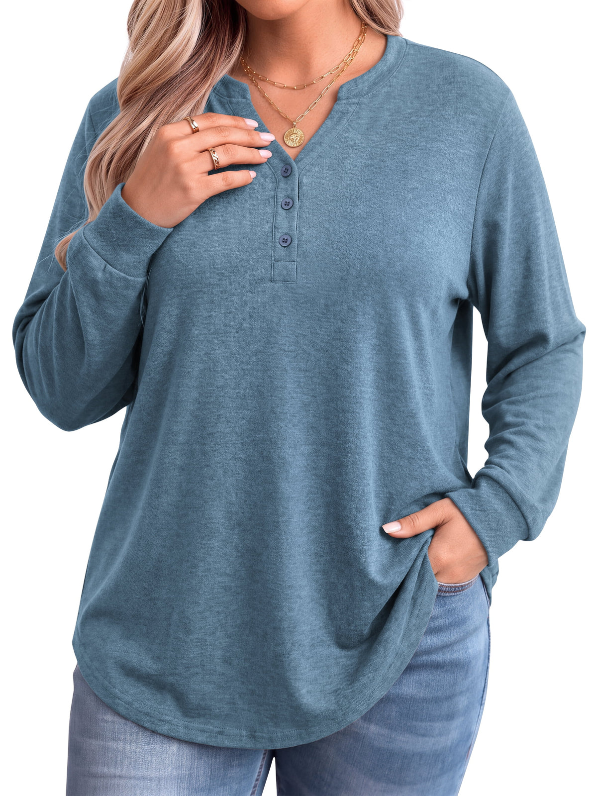 WellSize Plus Size Blouses for Women Henley V Neck Tops Casual Long Sleeve Button Shirts Fall Pullover Outfit