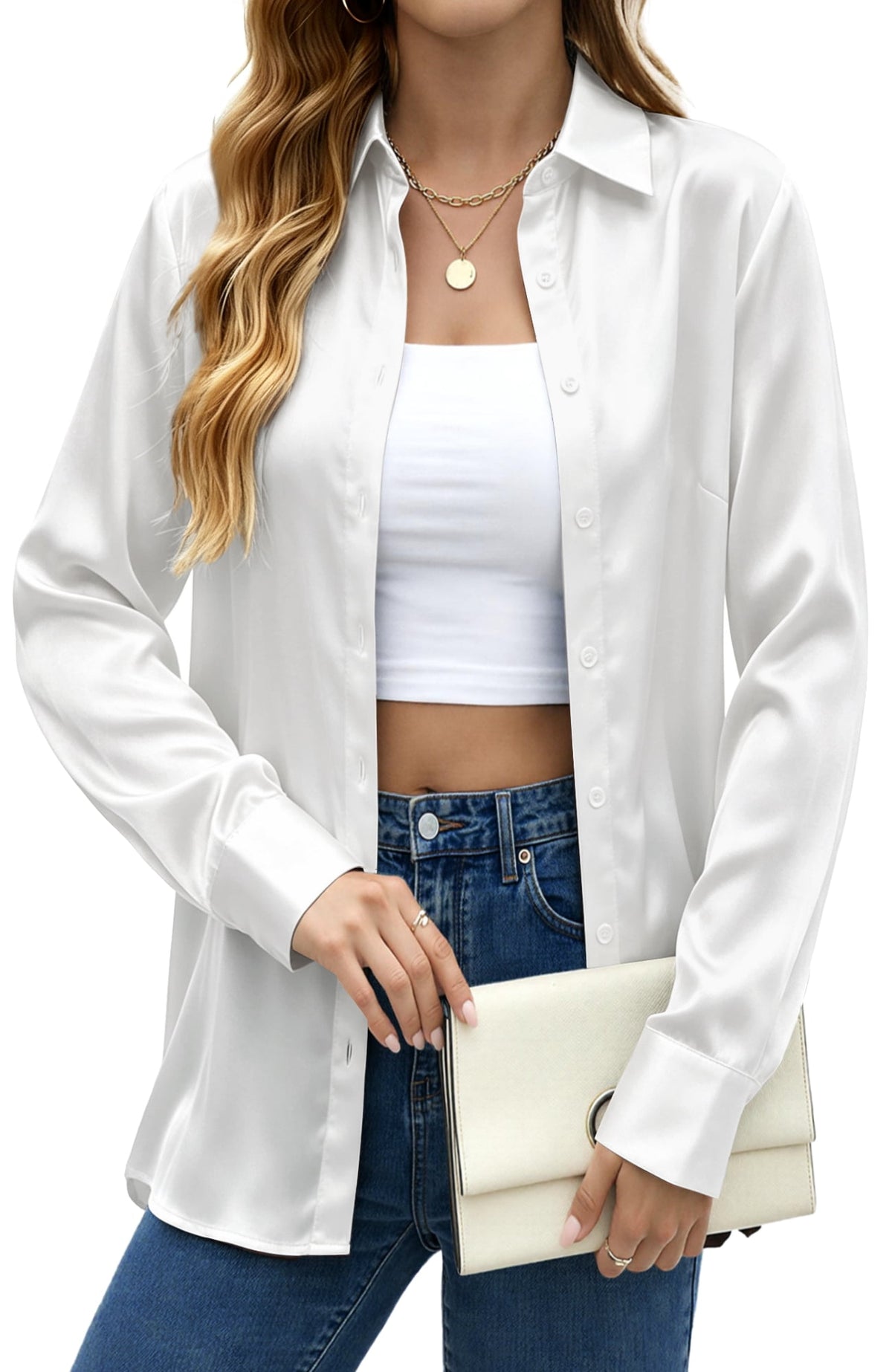 UVN Blouses for Women Long Sleeve Satin Shirts Button Down Ladies Casual Top